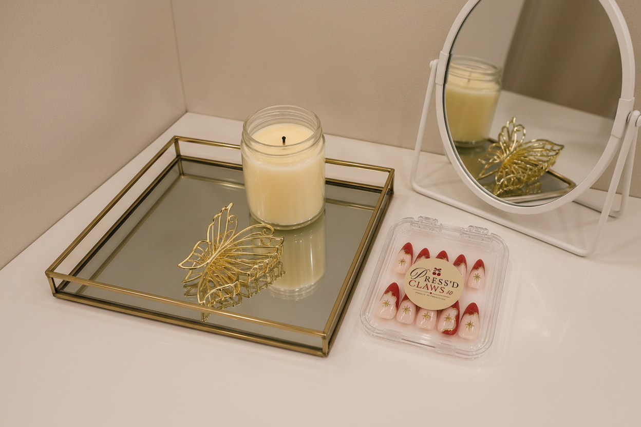 A set of red and white false press-on nails with gold star details in a clear plastic case, displayed next to a gold butterfly-shaped tray accessory and a candle on a white surface.